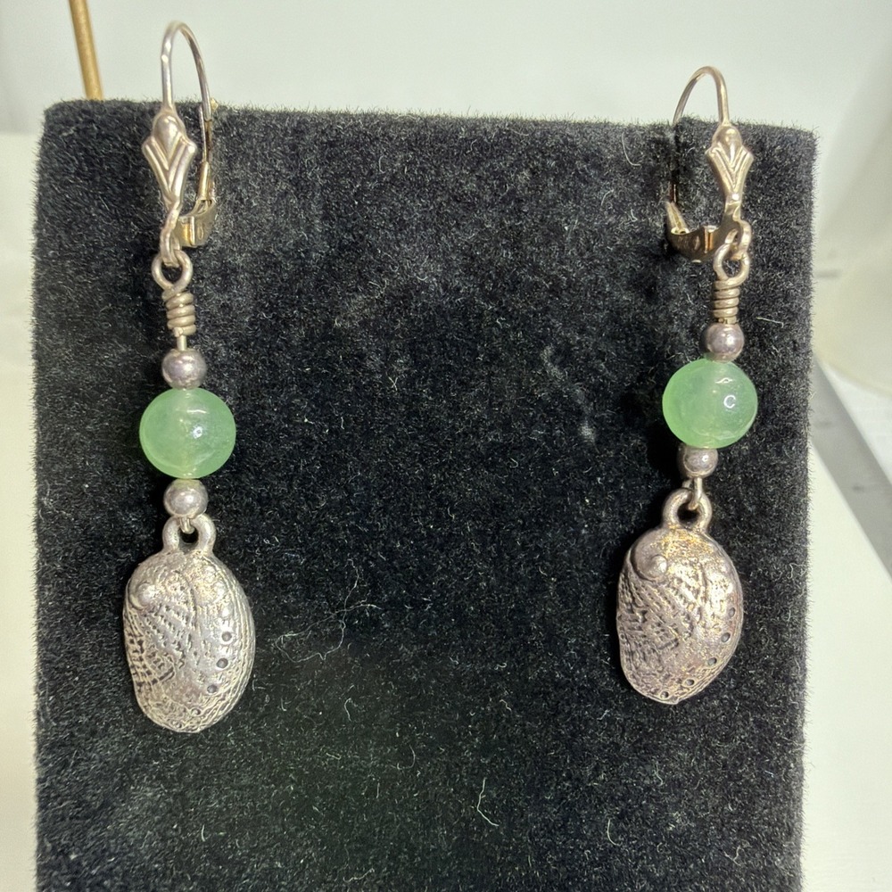 Vintage 925 Sterling Silver Jade Dangle Shell Earrings Green Antique Drop